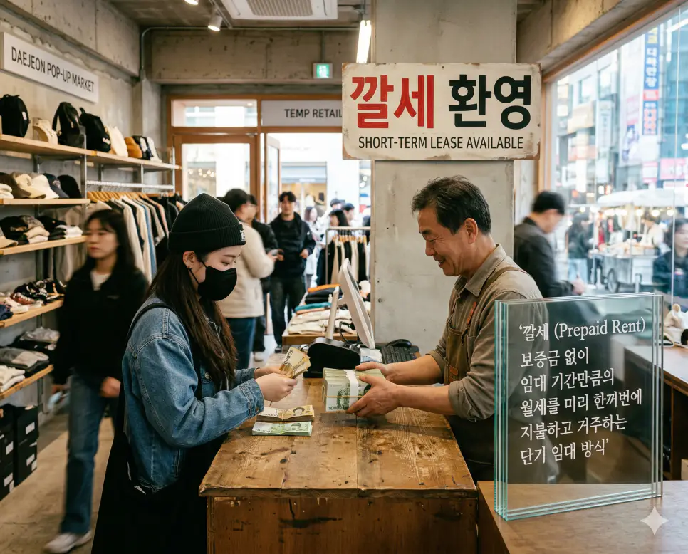 깔세 뜻을 설명하기 위해 유동 인구가 많은 상가에서 보증금 없이 일정 기간의 월세를 선불로 일괄 지급하고 운영하는 단기 임대 현장의 실사 이미지