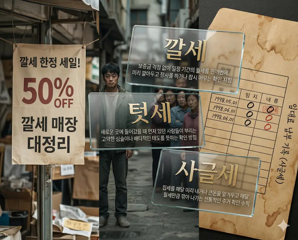깔세, 텃세, 사글세 키워드 정의와 각각의 선불 임대 및 사회적 배타성 상황을 사실적인 배경 위에 유리 패널로 정리한 고품격 실사 인포그래픽