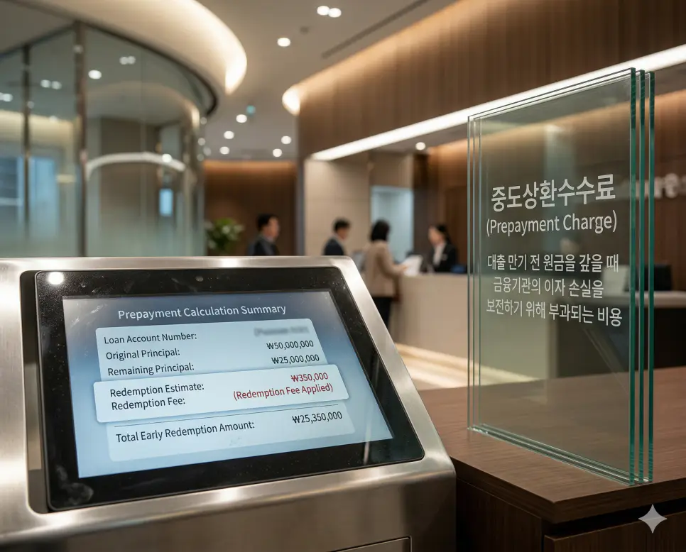 원리금 균등상환 뜻, 중도상환수수료 뜻, 근저당 뜻 정리: 대출 상환과 수수료 확인 2 중도상환수수료 뜻을 시각화하기 위해 대출 조기 상환 시 발생하는 비용을 은행 디지털 화면으로 확인하는 생생한 실사 이미지