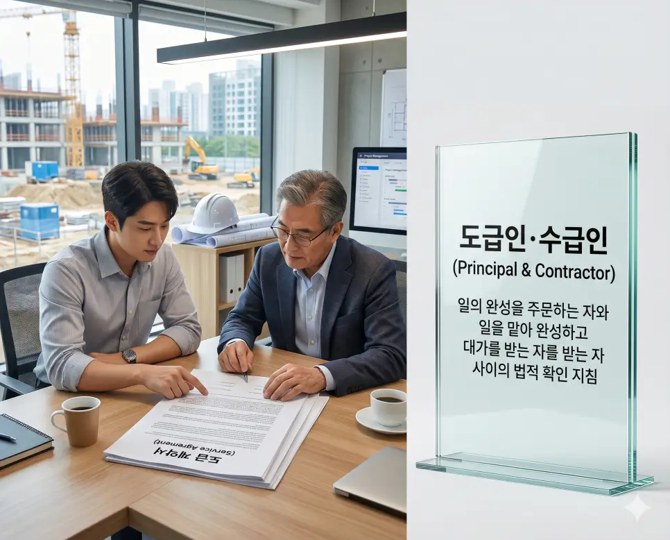 도급인 수급인 뜻, 분사 뜻, 합병 뜻 정리: 비즈니스 계약과 조직 개편 확인 1 도급인 수급인 뜻을 설명하기 위해 일의 완성을 주문하는 자와 일을 맡아 수행하는 자 사이의 법적 의무를 명시한 도급 계약서와 협의 현장의 실사 이미지