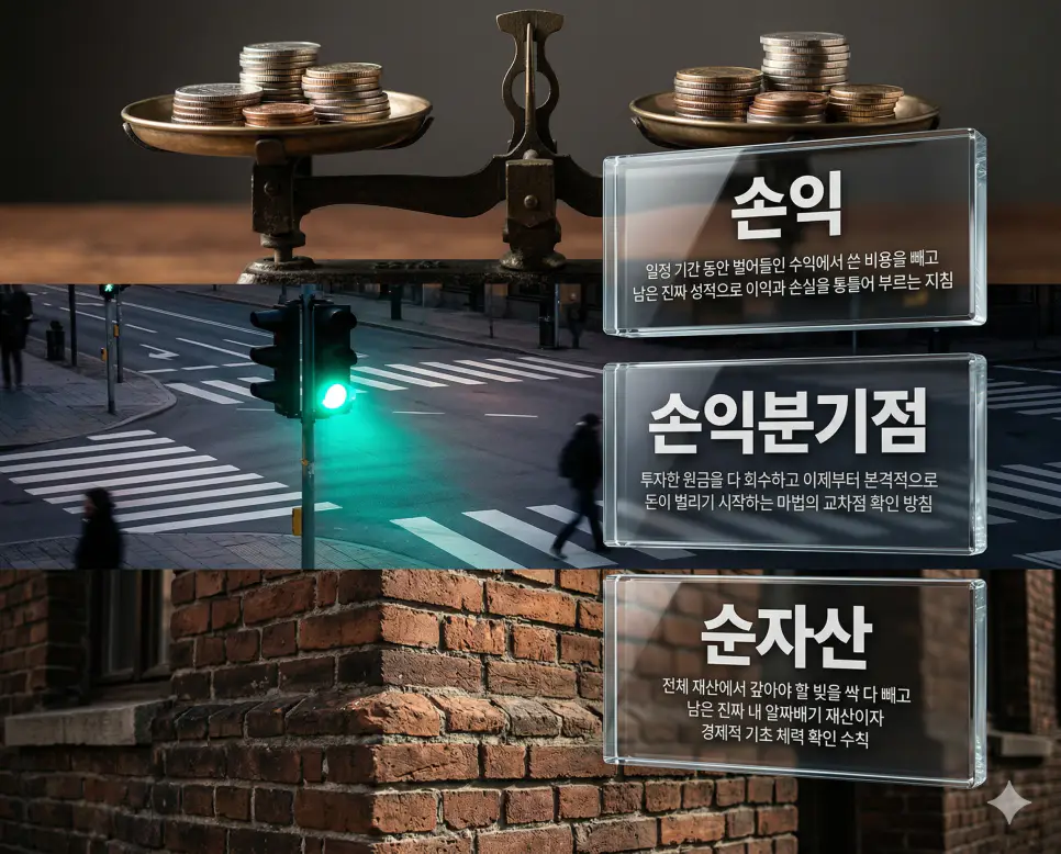 손익 뜻, 손익분기점 뜻, 순자산 뜻: 이익과 손실 및 손익분기점과 진짜 내 재산 정리 4 손익, 손익분기점, 순자산 키워드 정의와 각각의 경영 성과 상황을 상징하는 사실적인 배경 위에 유리 패널로 정리한 고품격 실사 인포그래픽