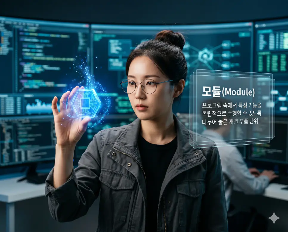 프레임워크 뜻, 모듈 뜻, 패키지 뜻: 개발 설계 뼈대와 독립 부품 및 관리 꾸러미 확인 2 모듈 뜻을 시각화하기 위해 한국인 엔지니어가 프로그램 내부에서 특정 기능을 독립적으로 수행하는 파란색 육각형 부품을 다루는 고품격 실사 이미지