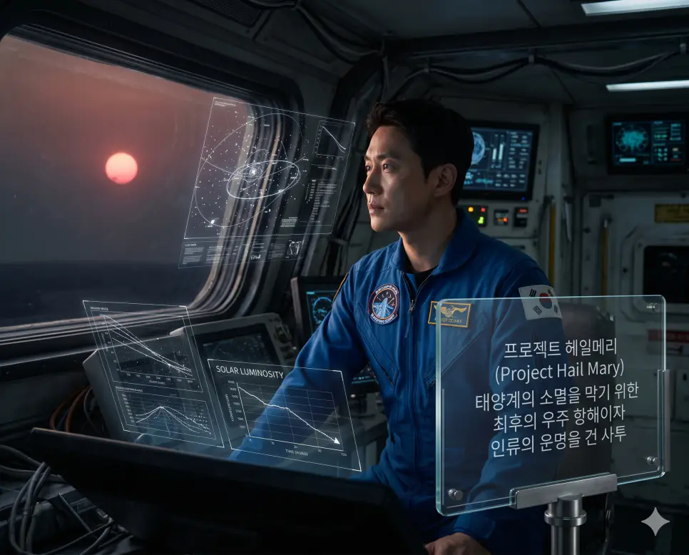 드라마 세이렌 뜻, 노멀 뜻, 프로젝트 헤일메리 뜻 정리: 스릴러와 SF 핫키워드 확인 3 프로젝트 헤일메리 뜻을 정의하기 위해 한국인 우주비행사가 태양계 소멸을 막기 위한 최후의 항해 중 성간 지도를 분석하는 실사 이미지
