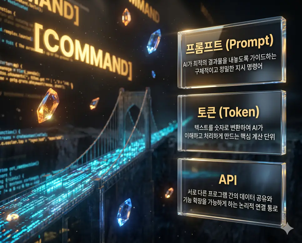한국인 전문가들과 함께 프롬프트, 토큰, API의 관계를 분석하여 인공지능 명령어 전달과 데이터 연산 및 시스템 간 소통의 핵심 원리를 진단하는 역대급 비주얼 포스터 이미지