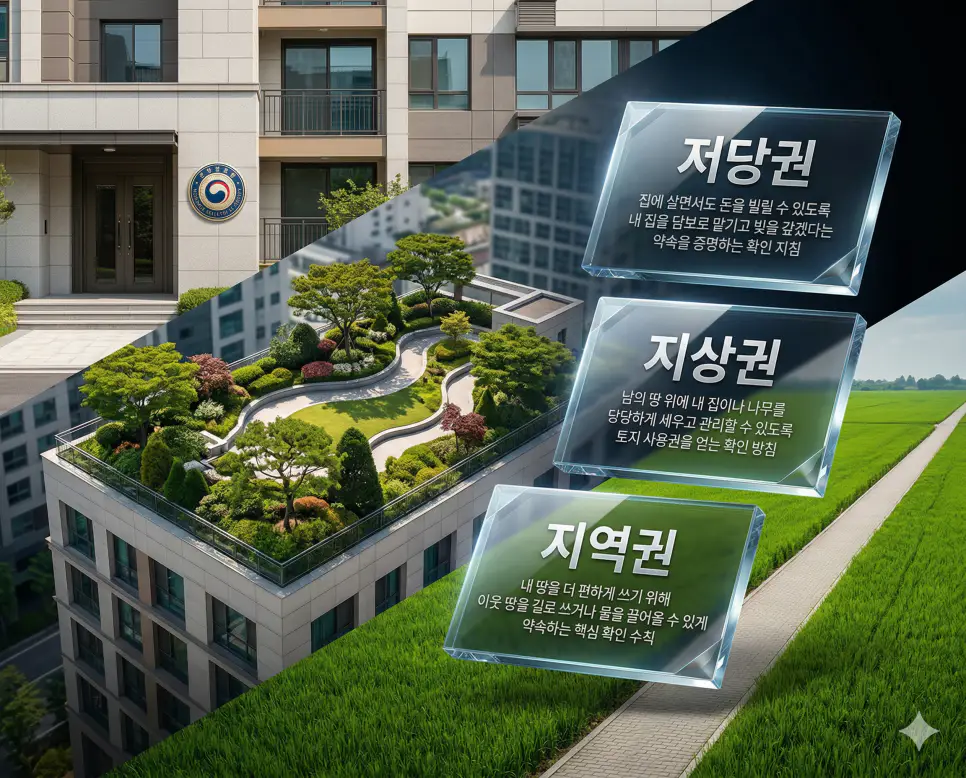 저당권 뜻, 지상권 뜻, 지역권 뜻 정리: 부동산 담보와 토지 사용 및 편익 권리 확인 4 저당권, 지상권, 지역권 키워드 정의와 각각의 부동산 및 토지 권리 상황을 사실적인 배경 위에 유리 패널로 정리한 고품격 실사 인포그래픽