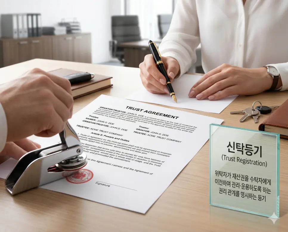신탁등기 뜻, 집합건물 뜻, 환지 뜻 정리: 믿고 맡기는 등기와 구분 소유 및 토지 교환 확인 1 신탁등기 뜻을 설명하기 위해 위탁자와 수탁자의 권리 관계가 명시된 공식 신탁 계약서에 법적 인장을 찍는 결정적 순간을 촬영한 고해상도 실사 이미지
