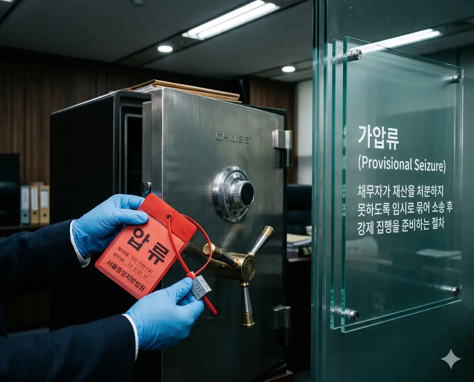 명의신탁 뜻, 가등기 뜻, 가압류 뜻 정리: 이름 빌리기와 순위 보전 및 재산 묶기 확인 3 가압류 뜻을 상징하기 위해 채무자의 재산 처분을 막기 위해 금고나 자산에 법적 압류 표식을 부착하여 권리를 보전하는 현장을 촬영한 사실적인 실사 이미지
