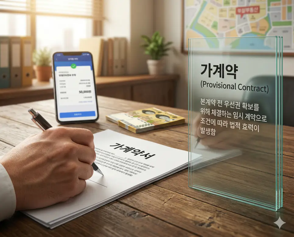 가계약 뜻을 상징하기 위해 정식 계약 체결 전에 우선 협상권을 확보하고자 합의 내용을 문서화하고 소액의 보증금을 전달하는 장면의 실사 이미지