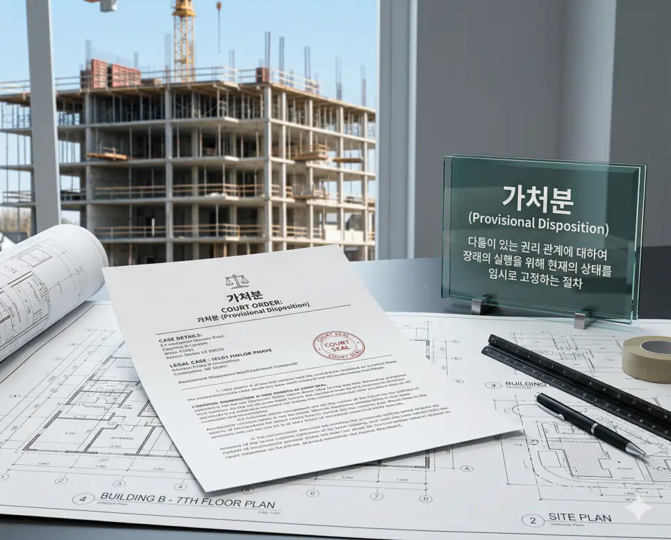 가처분 뜻을 설명하기 위해 법원의 결정에 따라 공사가 중단된 현장과 관련 법적 문서를 사실적인 분위기로 촬영한 고해상도 실사 이미지
