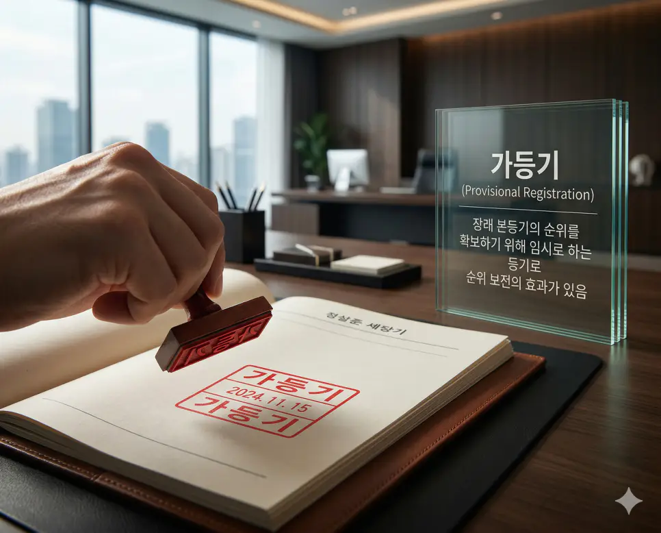 명의신탁 뜻, 가등기 뜻, 가압류 뜻 정리: 이름 빌리기와 순위 보전 및 재산 묶기 확인 2 가등기 뜻을 시각화하기 위해 장래의 본등기 순위를 확보하기 위해 공식 부동산 대장에 임시 등록 도장을 찍는 결정적인 순간을 담은 실사 이미지