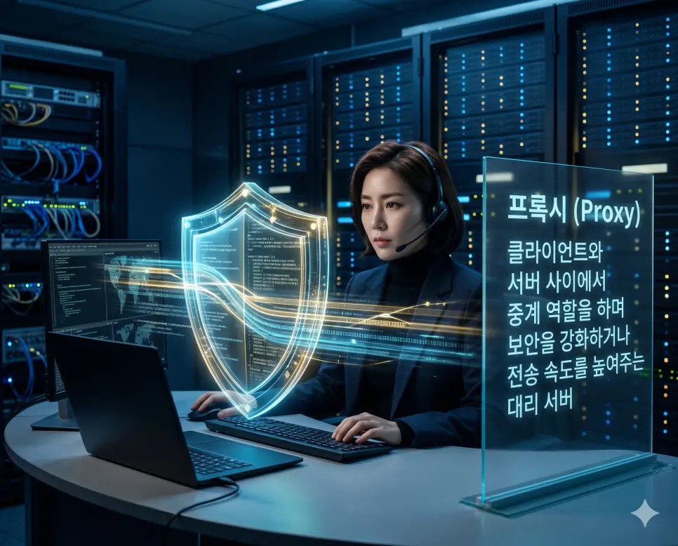 퍼널 뜻, 허브 뜻, 프록시 뜻: 마케팅 깔때기와 네트워크 장치 및 대리 서버 확인 3 프록시 뜻을 정의하기 위해 한국인 보안 전문가가 클라이언트와 서버 사이에서 중계하며 보안을 강화하는 대리 서버 시스템의 데이터 흐름을 모니터링하는 프리미엄 실사 이미지