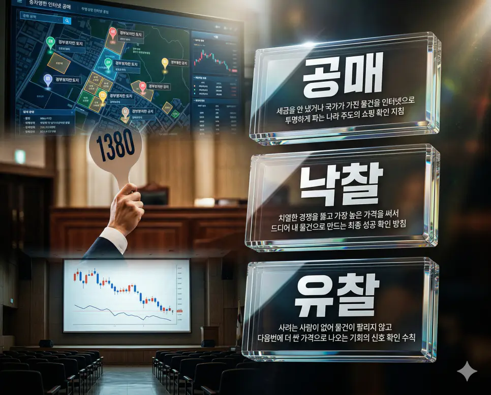 공매 뜻, 낙찰 뜻, 유찰 뜻 정리: 국가 주도 매각과 입찰 성공 및 실패 확인 4 공매, 낙찰, 유찰 키워드 정의와 각각의 국가 자산 처분 및 입찰 성패 상황을 사실적인 배경 위에 유리 패널로 정리한 고품격 실사 인포그래픽