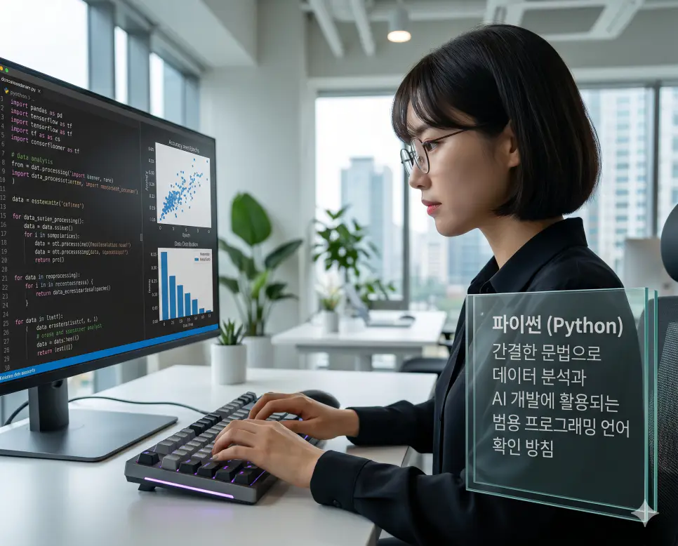 SDK 뜻, 파이썬 뜻, 아키텍처 뜻 정리: 소프트웨어 개발 및 설계 구조 확인 2 파이썬 뜻을 시각화하기 위해 한국인 여성 프로그래머가 간결하고 효율적인 문법을 사용하여 인공지능 프로그램을 코딩하는 현대적인 사무실 실사 이미지