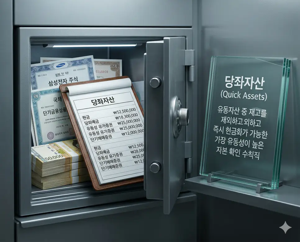 당좌자산 뜻을 상징하기 위해 유동자산 중 즉시 현금화가 가능한 자본과 현금 및 단기 금융 상품이 보관된 안전한 금고의 실사 이미지