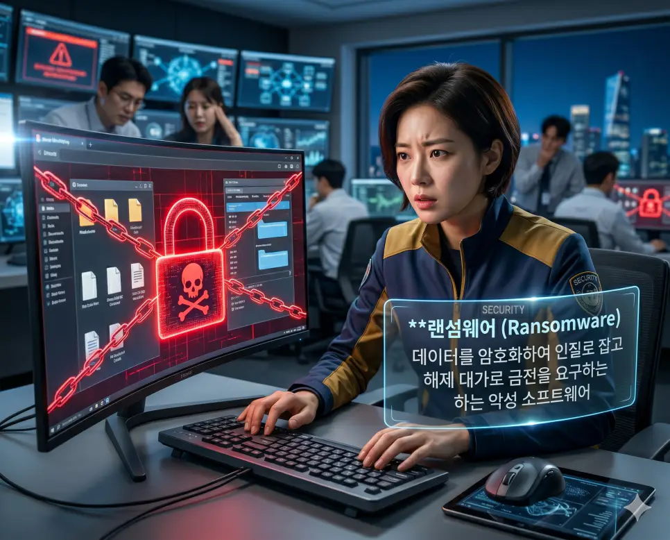 랜섬웨어 뜻을 시각화하기 위해 한국인 보안 전문가가 붉은 디지털 사슬로 암호화된 컴퓨터 화면의 보안 위협을 분석하고 대응하는 고품격 실사 이미지