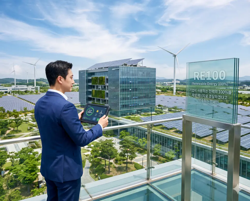 UGC 뜻, NFT 뜻, RE100 뜻 정리: 사용자 제작 콘텐츠와 미래 자산 및 환경 확인 3 RE100 뜻을 정의하기 위해 한국인 관계자가 태양광과 풍력 등 재생 에너지만을 사용하여 기업 전력을 조달하는 친환경 미래 스마트 빌딩을 점검하는 실사 이미지