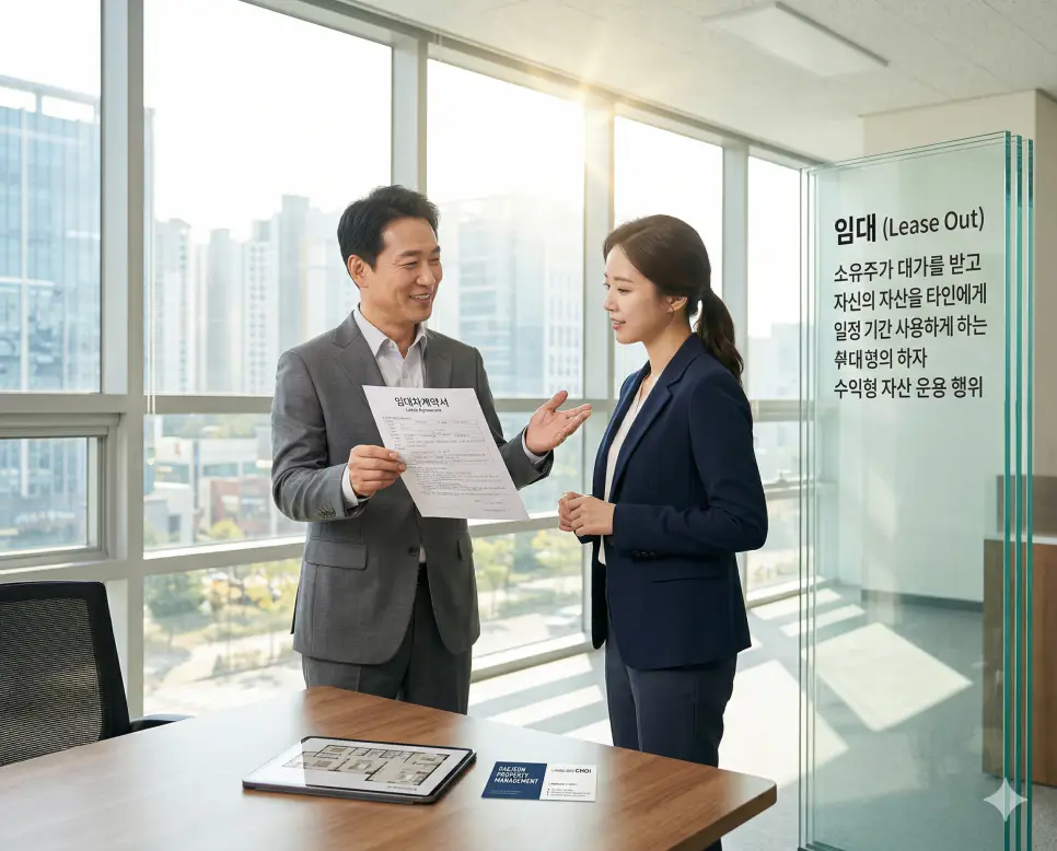 임대 뜻을 설명하기 위해 부동산 소유주가 대가를 받고 자신의 자산을 타인에게 빌려주어 수익을 창출하는 자산 운용 과정을 촬영한 실사 이미지