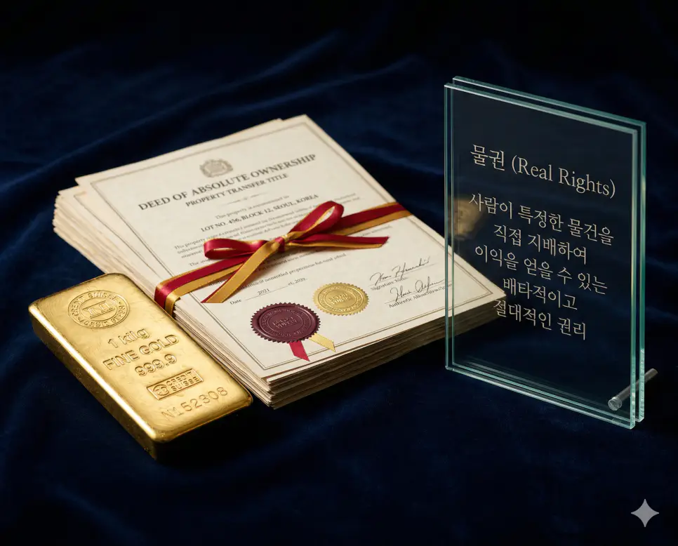 물권 뜻, 법정지상권 뜻, 소멸시효 뜻 정리: 물건 지배권과 법적 토지 사용권 확인 1 물권 뜻을 설명하기 위해 절대적인 소유권을 상징하는 골드바와 공식 등기 서류를 고급스러운 조명 아래 촬영한 고해상도 실사 이미지
