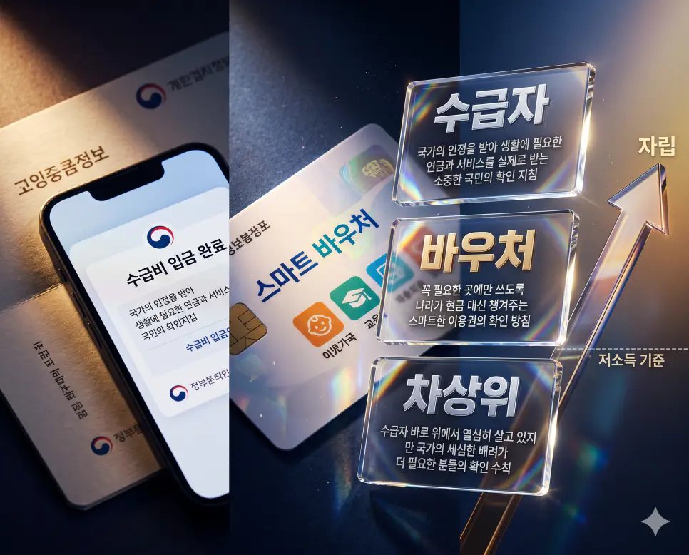 수급자, 바우처, 차상위 키워드 정의와 각각의 복지 전달 체계 및 수혜 상황을 사실적인 배경 위에 유리 패널로 정리한 고품격 실사 인포그래픽