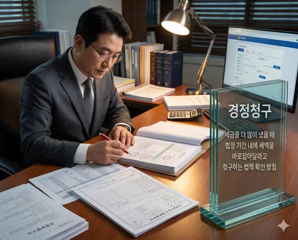 환급 뜻, 경정청구 뜻, 복식부기 뜻 정리: 세액 회수와 투명 회계 확인 지침 2 경정청구 뜻을 시각화하기 위해 세금을 과다하게 냈을 때 법정 기간 내에 세액을 바로잡아달라고 신청하는 청구서와 세무 전문가의 검토 모습 실사 이미지