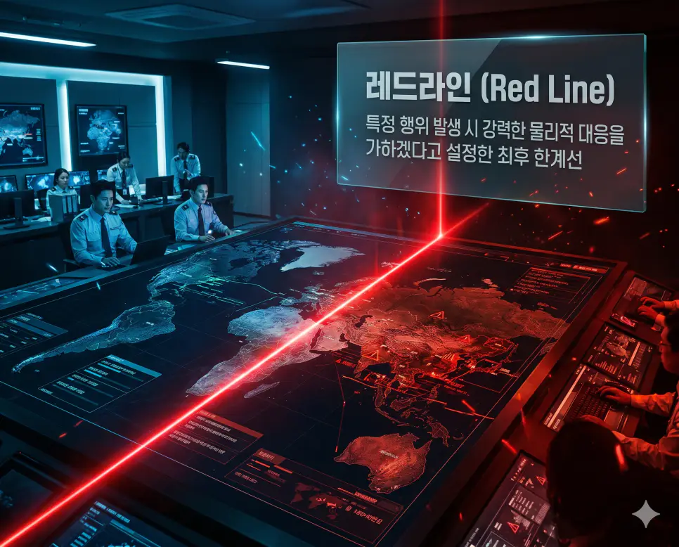 선전포고 (Declaration of War) 뜻, 파병 뜻, 레드라인 뜻: 전쟁의 공식 선언과 군사력 파견 및 최후 한계선 확인 3 레드라인 뜻을 정의하기 위해 전략 지도 위에 선명하게 그어진 붉은 레이저 선을 통해 최후의 한계선을 시각적으로 묘사한 고품격 안보 이미지