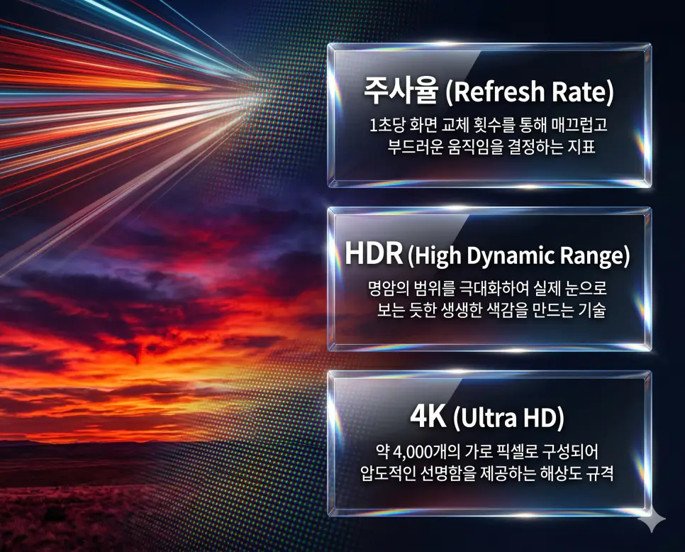 주사율 뜻, HDR 뜻, 4K 뜻: 화면 부드러움과 밝기 깊이 및 초고화질 해상도 확인 4 한국인 전문가들과 함께 주사율, HDR, 4K의 관계를 분석하여 디스플레이 화질과 부드러운 화면 재생의 핵심 원리를 진단하는 역대급 비주얼 포스터 이미지