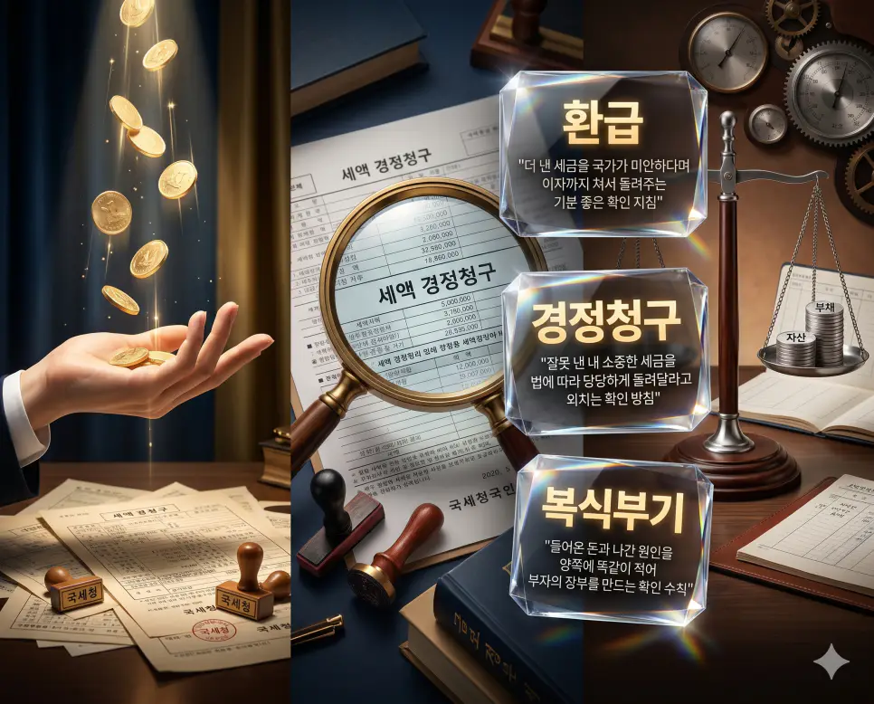환급 뜻, 경정청구 뜻, 복식부기 뜻 정리: 세액 회수와 투명 회계 확인 지침 4 환급, 경정청구, 복식부기 키워드 정의와 각각의 세무 권리 회복 및 투명한 자산 기록 상황을 사실적인 배경 위에 유리 패널로 정리한 고품격 실사 인포그래픽