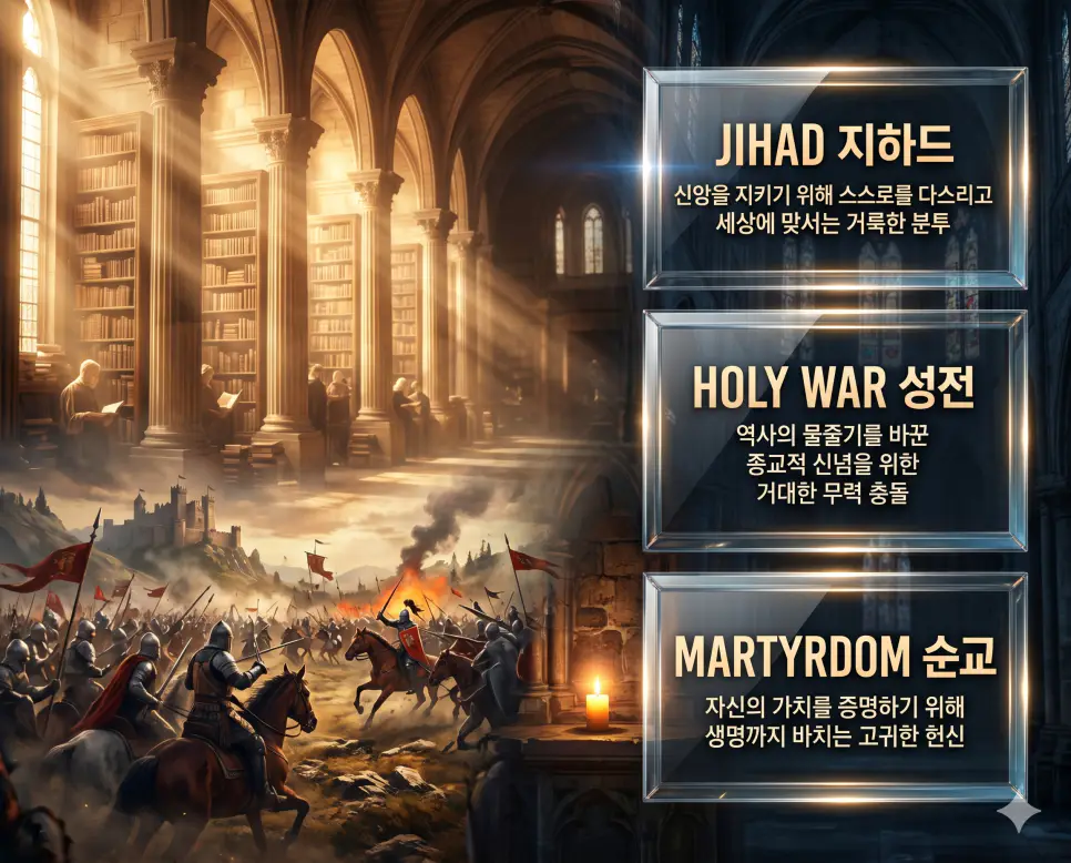 지하드 뜻, 성전 뜻, 순교 뜻: 이슬람의 분투 개념과 종교적 목적의 전쟁 및 신념을 위한 희생 확인 4 한국인 전문가와 함께 지하드, 성전, 순교의 철학적 의미와 역사적 배경을 분석하여 종교적 갈등과 신념의 가치를 진단하는 역대급 비주얼 포스터 이미지