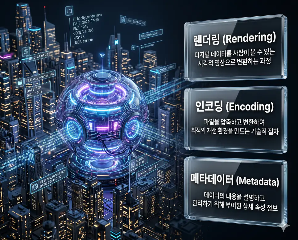 렌더링 뜻, 인코딩 뜻, 메타데이터 뜻: 데이터 시각화와 최적화 및 속성 정보 확인 4 한국인 전문가들과 함께 렌더링, 인코딩, 메타데이터의 관계를 분석하여 디지털 콘텐츠 제작과 데이터 관리의 핵심 원리를 진단하는 역대급 비주얼 포스터 이미지