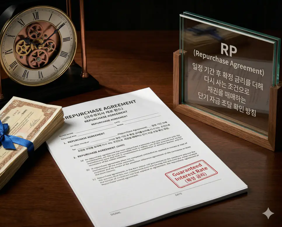 MMF 뜻, RP 뜻, 캐피탈 뜻 정리: 단기 금융 투자와 환매조건부채권 및 여신 확인 2 RP 뜻을 시각화하기 위해 일정 기간 후 확정 금리를 더해 다시 사는 조건으로 채권을 매매하는 환매조건부채권 거래 계약의 실사 이미지