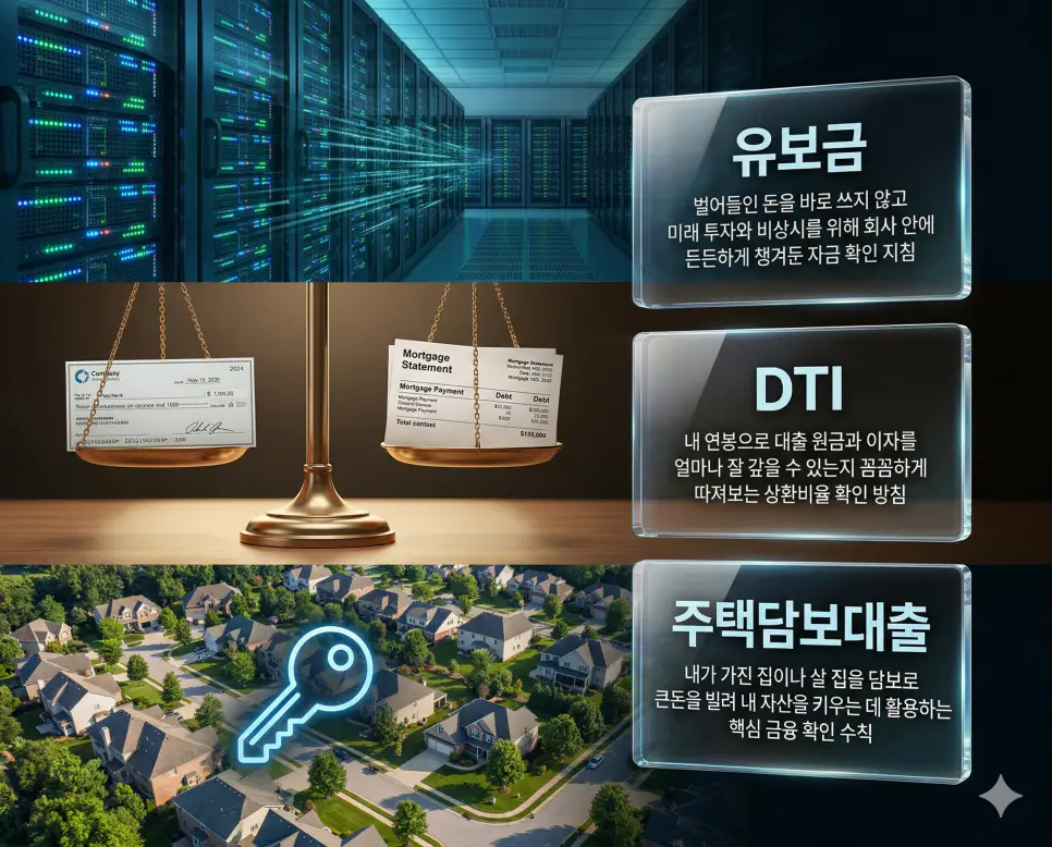 유보금 뜻, DTI 뜻, 주택담보대출 뜻 정리: 사내 저축과 대출 상환 능력 및 담보 대출 확인 4 유보금, DTI, 주택담보대출 키워드 정의와 각각의 기업 및 개인 금융 상황을 상징하는 사실적인 배경 위에 유리 패널로 정리한 고품격 실사 인포그래픽