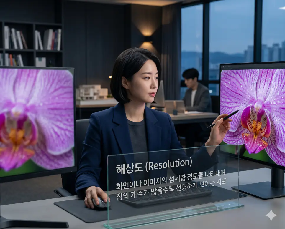트래픽 뜻, 해상도 뜻, 픽셀 뜻: 데이터 흐름량과 화면 정밀도 및 디지털 최소 단위 확인 2 해상도 뜻을 시각화하기 위해 한국인 디자이너가 저화질 화면과 초고화질 정밀 화면을 비교하며 이미지의 선명도를 확인하는 고품격 실사 이미지