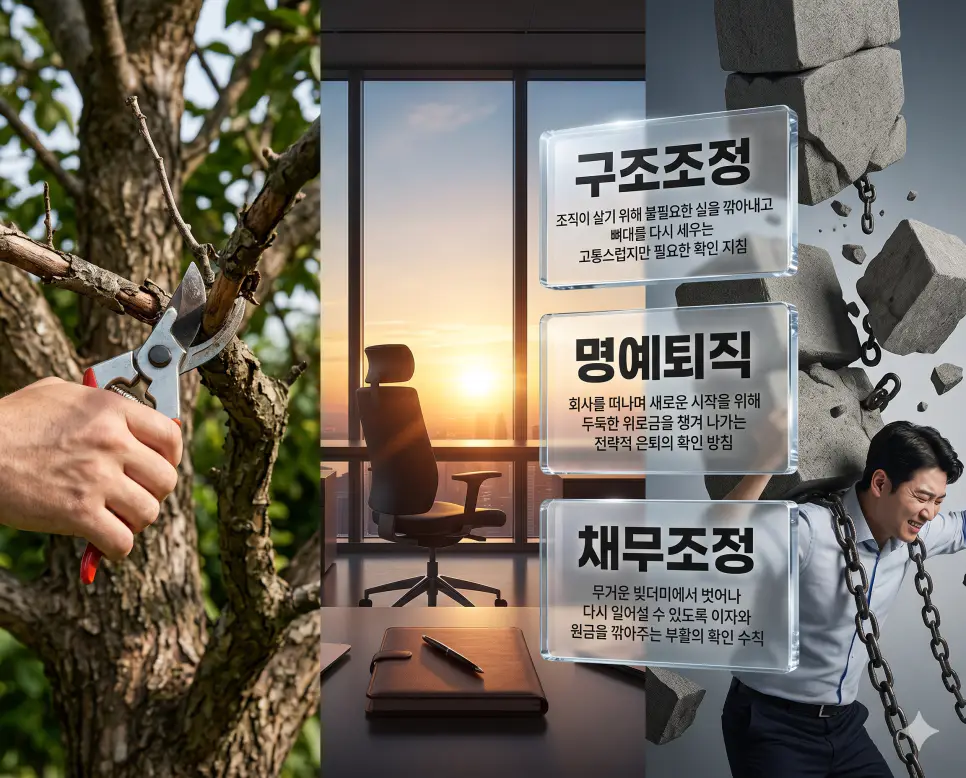 구조조정 뜻, 명예퇴직 뜻, 채무조정 뜻 정리: 경제적 회생과 생존 전략 확인 4 구조조정, 명예퇴직, 채무조정 키워드 정의와 각각의 조직 개편 및 재무 회생 상황을 사실적인 배경 위에 유리 패널로 정리한 고품격 실사 인포그래픽