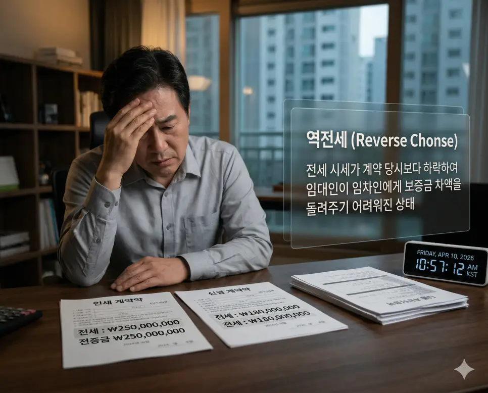 임대료 뜻, 역전세 뜻, 전세사기 뜻 정리: 사용 대가와 보증금 반환 위기 및 사기 예방 확인 2 역전세 뜻을 시각화하기 위해 계약 당시보다 전세 시세가 하락하여 임대인이 임차인에게 돌려줄 보증금 차액을 마련하느라 고심하는 재무적 위기 상황의 실사 이미지