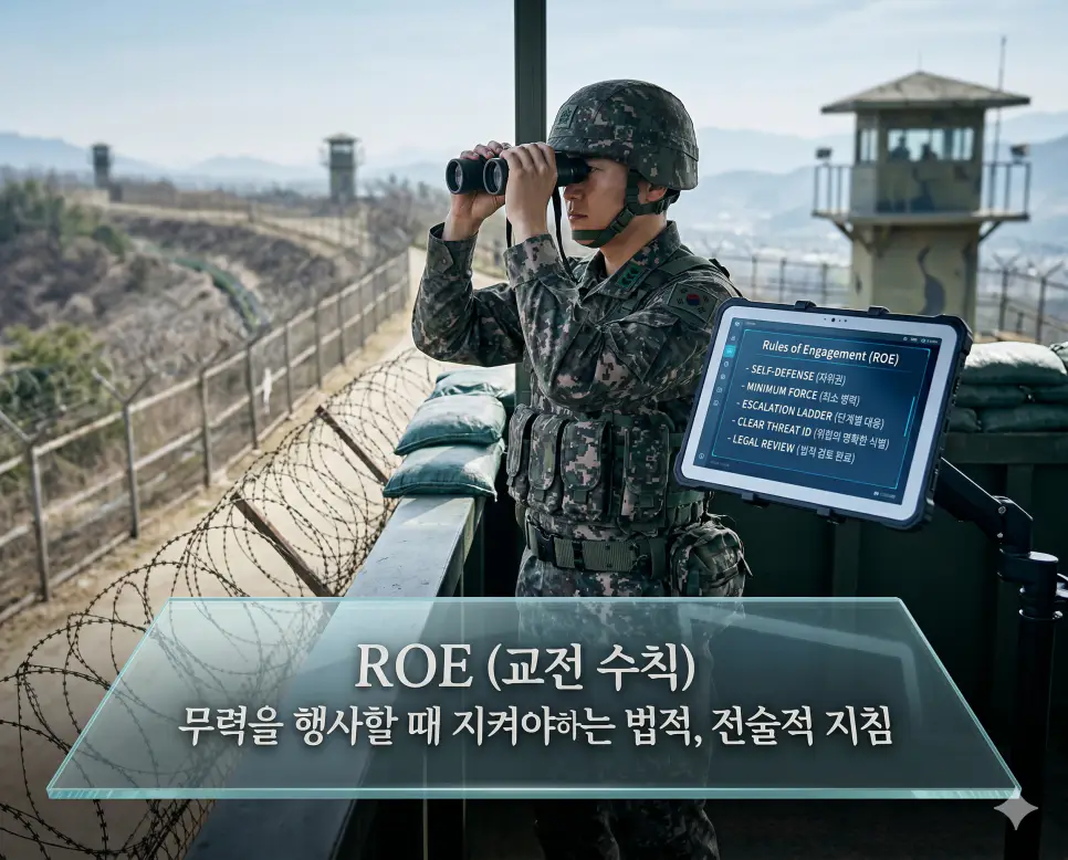 HUMINT 뜻, ROE 뜻, PKO 뜻: 인적 네트워크 정보 수집과 교전 수칙 및 유엔 평화유지활동 확인 2 ROE 뜻을 시각화하기 위해 최전방 감시탑에서 작전 수칙을 준수하며 임무를 수행하는 장교의 절제된 전술적 실사 이미지