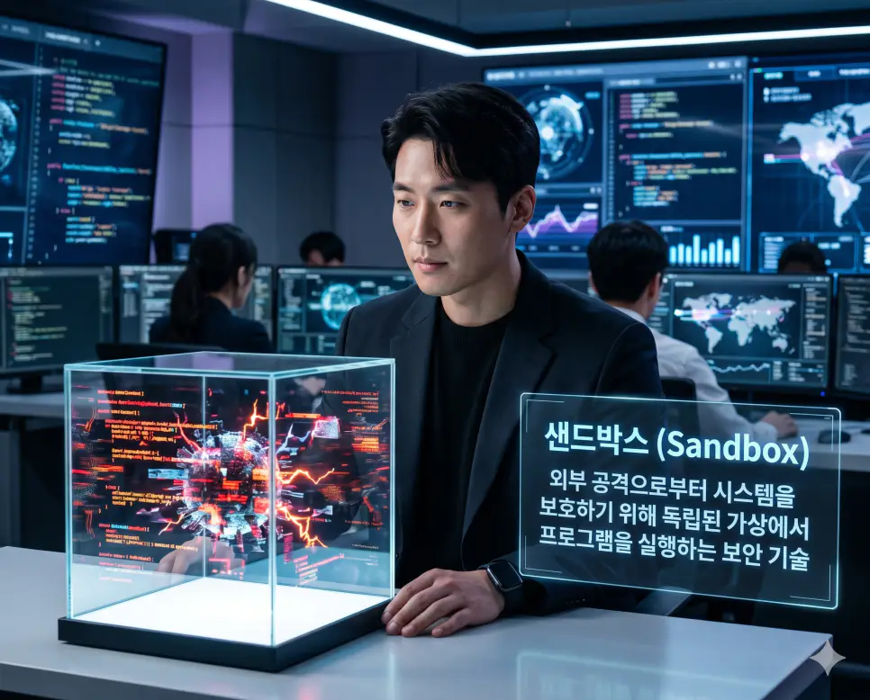 샌드박스 뜻을 설명하기 위해 한국인 보안 전문가가 외부 위협으로부터 시스템을 보호하는 독립된 가상 실행 환경을 정밀 모니터링하는 시네마틱 이미지