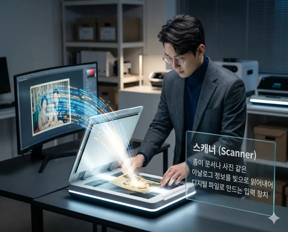메인보드 뜻, 그래픽카드 뜻, 스캐너 뜻: 컴퓨터 대지와 시각화 전담 및 디지털 변환 확인 3 스캐너 뜻을 정의하기 위해 한국인 기록 관리자가 아날로그 사진을 빛으로 읽어내어 디지털 파일로 변환하는 과정을 보여주는 프리미엄 실사 이미지