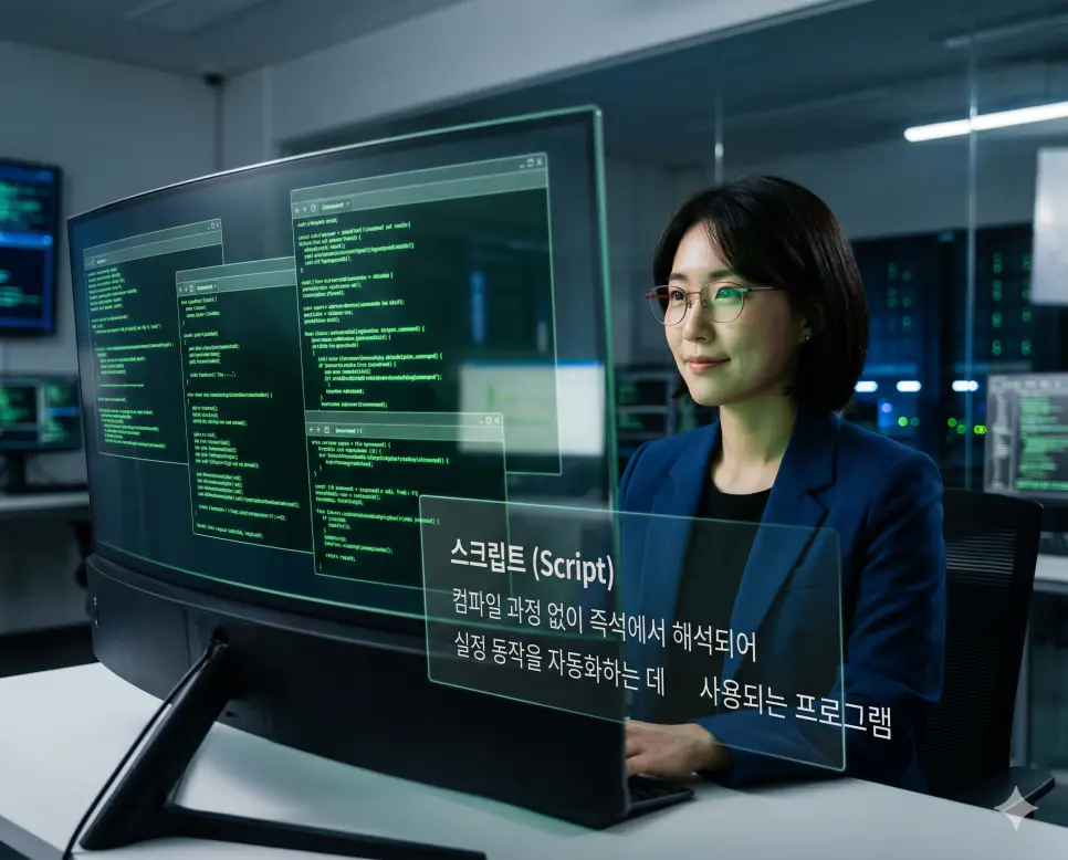 플러그인 뜻, 스크립트 뜻, 소스코드 뜻: 기능 확장 도구와 자동화 명령어 및 설계도 확인 2 스크립트 뜻을 시각화하기 위해 한국인 개발자가 화면에 흐르는 녹색 자동화 명령어를 통해 복잡한 동작을 즉석에서 실행하는 효율적인 업무 환경의 실사 이미지