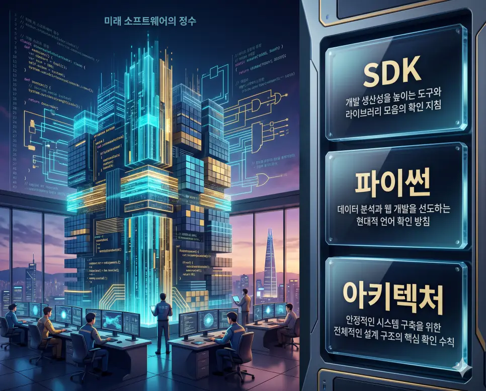 SDK 뜻, 파이썬 뜻, 아키텍처 뜻 정리: 소프트웨어 개발 및 설계 구조 확인 4 한국인 전문가들과 함께 SDK, 파이썬, 아키텍처의 설계 원리를 분석하여 시스템의 안정성과 개발 생산성을 진단하는 프리미엄 포스터 이미지