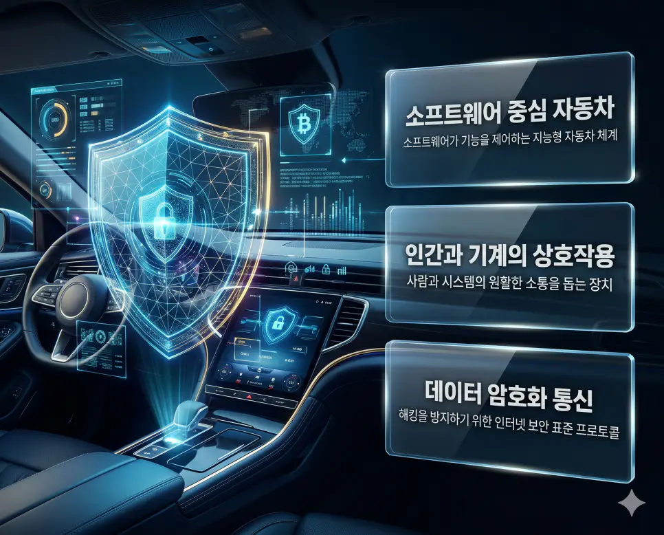 SDV 뜻, HMI 뜻, SSL 뜻 정리: 소프트웨어 중심 자동차와 인터넷 보안 확인 4 한국인 전문가들과 함께 SDV, HMI, SSL의 기술적 특징을 분석하여 지능형 자동차와 인터넷 보안의 미래 가치를 진단하는 프리미엄 포스터 이미지