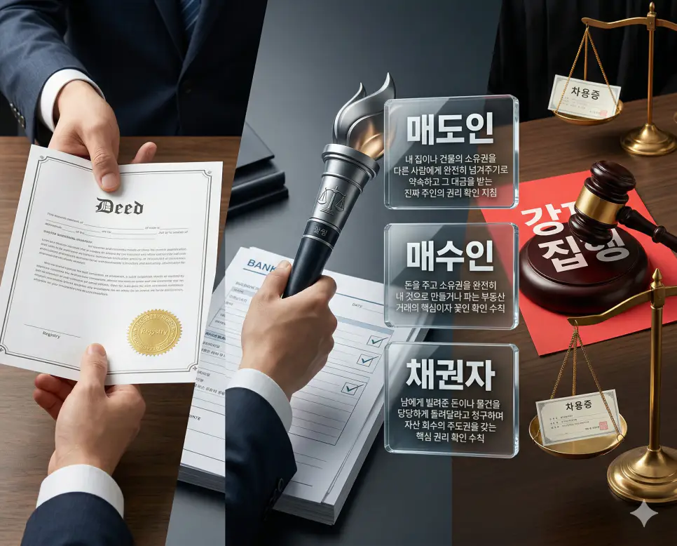 매도인 뜻, 매수인 뜻, 채권자 뜻 정리: 소유권 이전과 권리 회수 주체 확인 4 매도인, 매수인, 채권자 키워드 정의와 각각의 소유권 이전 및 권리 회수 상황을 사실적인 배경 위에 유리 패널로 정리한 고품격 실사 인포그래픽