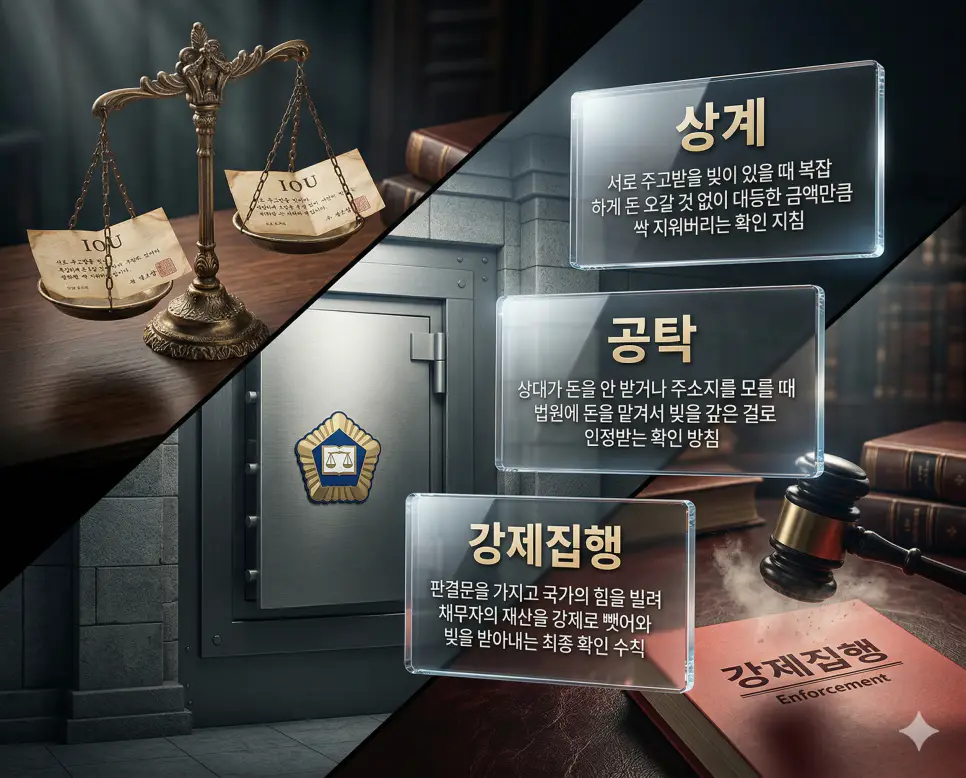 상계 뜻, 공탁 뜻, 강제집행 뜻 정리: 빚의 맞교환과 법적 변제 및 강제 회수 확인 4 상계, 공탁, 강제집행 키워드 정의와 각각의 빚 정산 및 국가 주도의 강제 회수 상황을 사실적인 배경 위에 유리 패널로 정리한 고품격 실사 인포그래픽