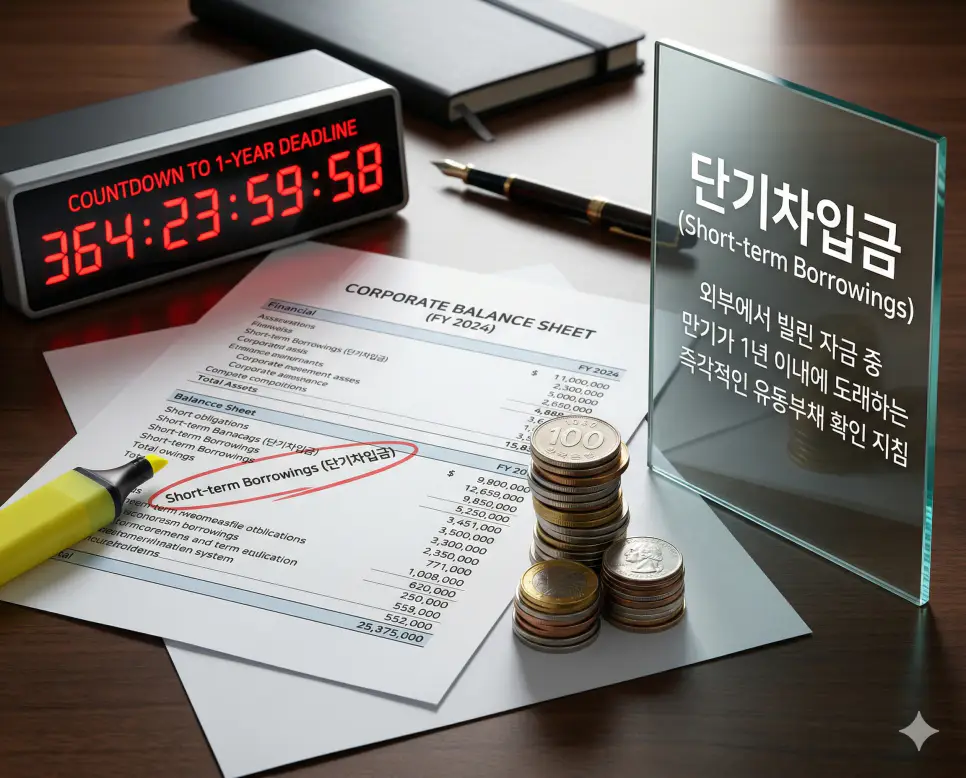 단기차입금 뜻을 설명하기 위해 만기가 1년 이내인 기업의 급박한 유동부채와 자금 상환 기한을 강조한 비즈니스 서류의 실사 이미지