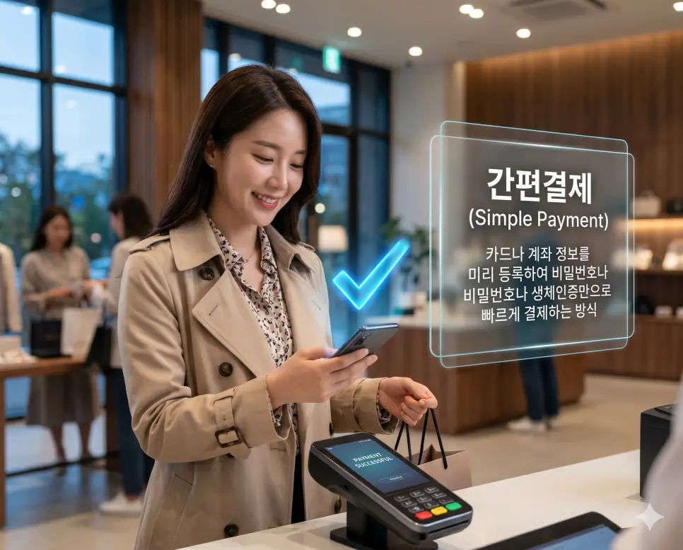간편결제 뜻을 시각화하기 위해 한국인 쇼퍼가 스마트폰 생체인증을 통해 복잡한 절차 없이 즉시 결제를 완료하는 편리한 과정을 보여주는 고품격 실사 이미지