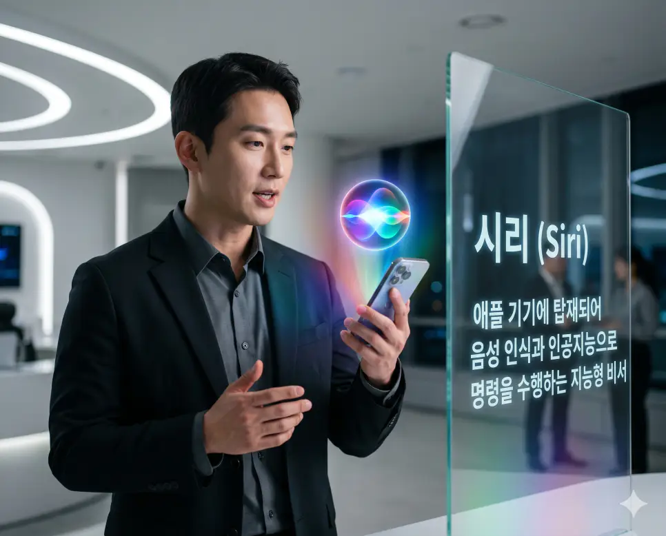 노이즈 캔슬링 뜻, 햅틱 뜻, 시리 뜻: 소음 차단 기술과 촉각 피드백 및 인공지능 비서 확인 3 시리 뜻을 정의하기 위해 한국인 기업가가 인공지능 음성 인식 비서인 시리(Siri)를 통해 비즈니스 업무를 스마트하게 처리하는 프리미엄 실사 이미지