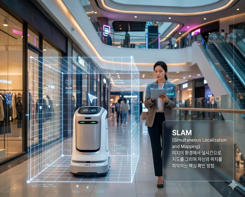 자율주행 뜻, SLAM 뜻, 디지털 트윈 뜻 정리: 지능형 교통 시스템 확인 지침 2 SLAM 뜻을 시각화하기 위해 한국인 여성 엔지니어가 미지의 실내 공간에서 실시간으로 지도를 작성하며 위치를 파악하는 고성능 배달 로봇을 모니터링하는 실사 이미지