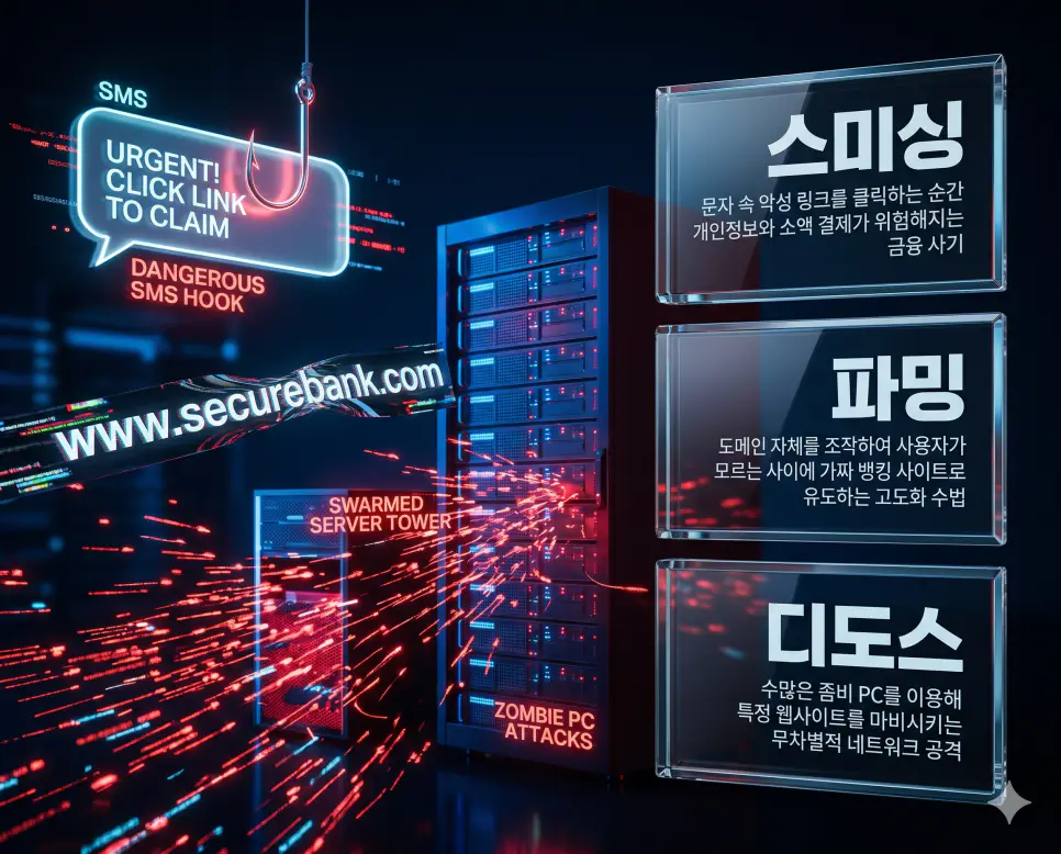 한국인 전문가들과 함께 스미싱, 파밍, 디도스의 관계를 분석하여 개인 정보 탈취와 서버 공격의 핵심 원리를 진단하는 역대급 비주얼 포스터 이미지