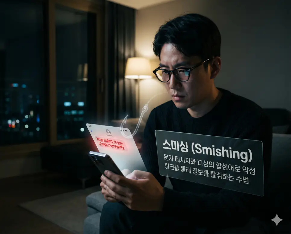 스미싱 뜻을 설명하기 위해 한국인 남성이 스마트폰에 도착한 위험한 악성 링크 메시지와 낚싯바늘의 위협을 경계하며 분석하는 시네마틱 이미지
