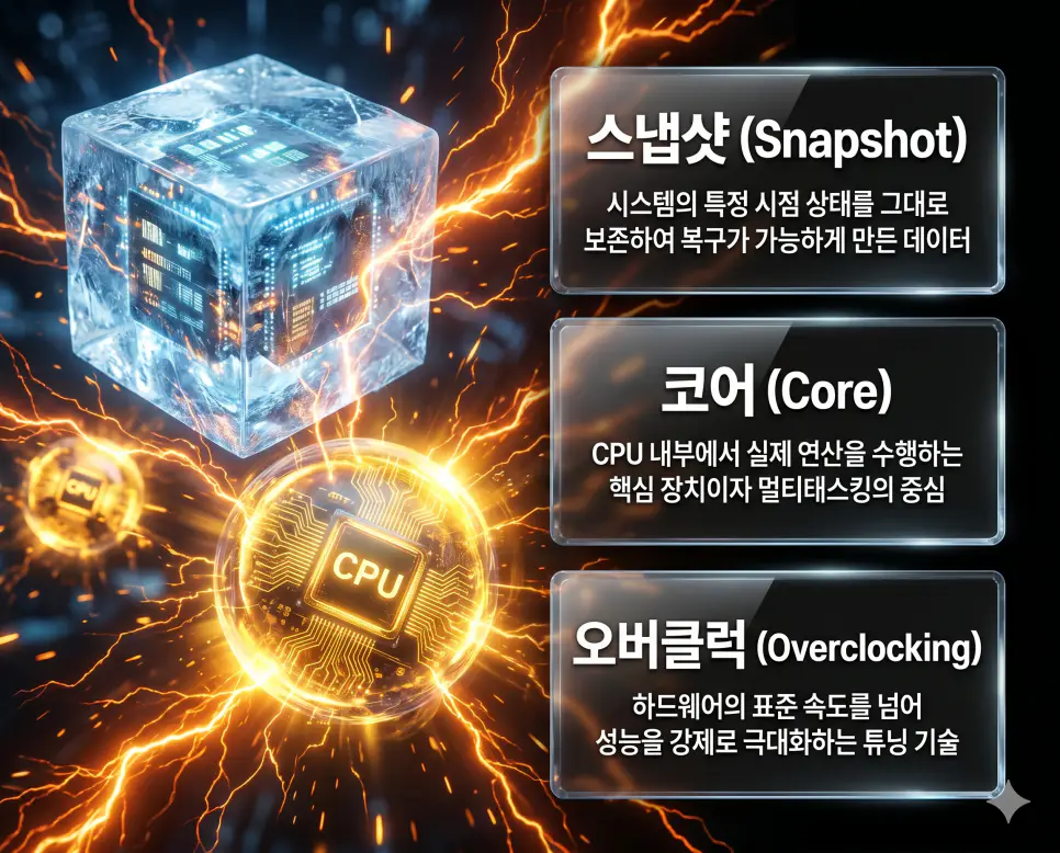 스냅샷 뜻, 코어 뜻, 오버클럭 뜻: 순간 기록 데이터와 CPU 핵심 장치 및 성능 강제 향상 확인 4 한국인 전문가들과 함께 스냅샷, 코어, 오버클럭의 관계를 분석하여 시스템 복구와 하드웨어 성능 최적화의 핵심 원리를 진단하는 역대급 비주얼 포스터 이미지