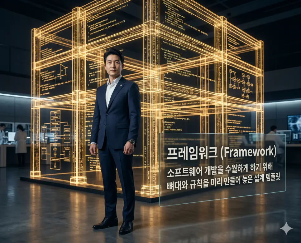 프레임워크 뜻, 모듈 뜻, 패키지 뜻: 개발 설계 뼈대와 독립 부품 및 관리 꾸러미 확인 1 프레임워크 뜻을 설명하기 위해 한국인 소프트웨어 아키텍트가 코드와 로직으로 구성된 거대한 디지털 건축 뼈대를 분석하는 시네마틱 이미지